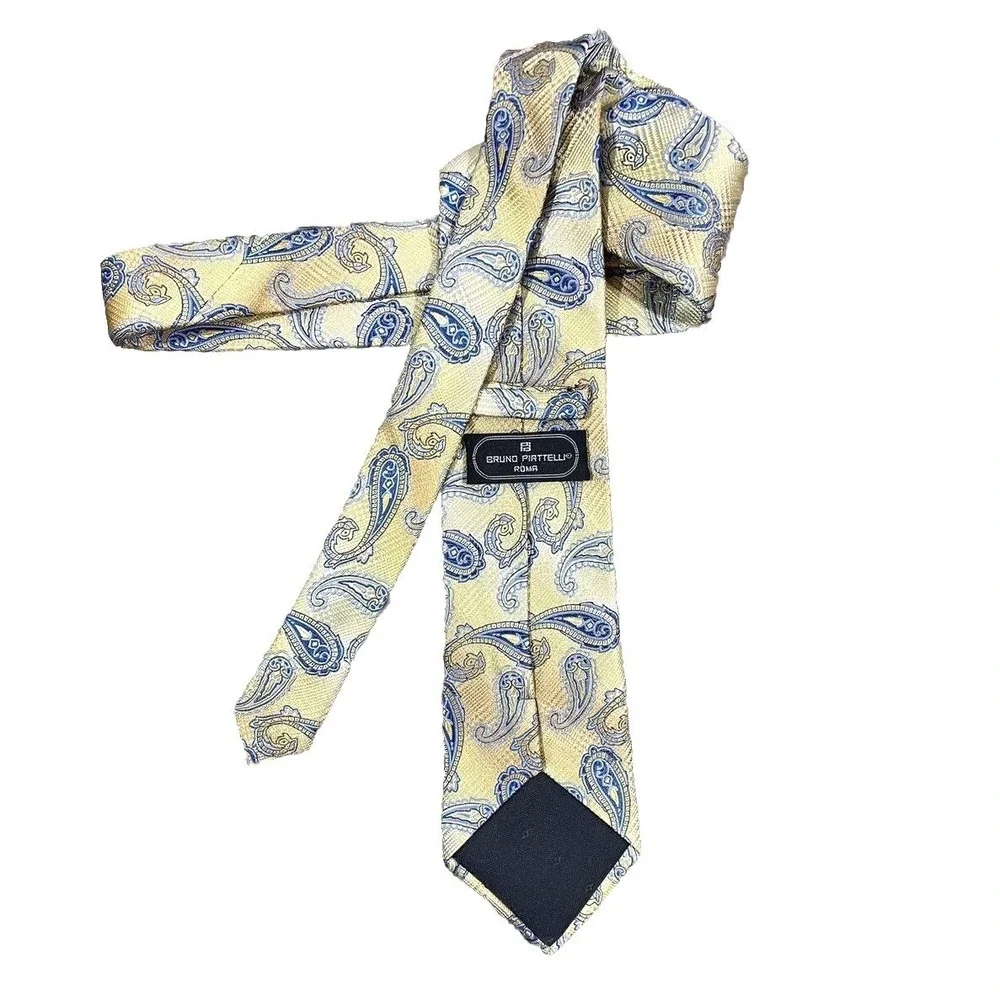 Bruno Piattelli Mens Tie 100% Silk Handmade Designer Italy Yellow‎ Blue Paisley